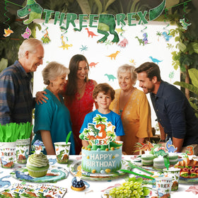 Kinovo 3-Rex banner decoration showcased for easy party ambiance.