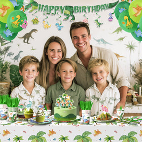Kinovo dinosaur plates and cups for a colorful, kid-friendly table setting.