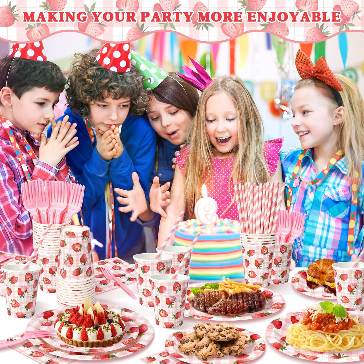 Kinovo strawberry party supplies set designed for family-friendly celebrations