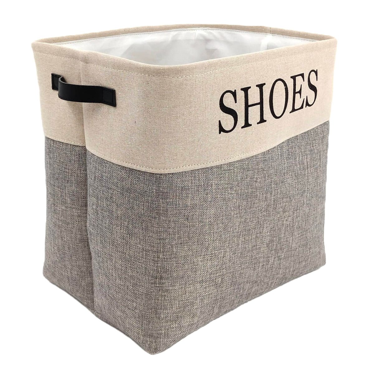 KINTNER DESIGNS two-tone canvas bin adds style while protecting shoes from dust.