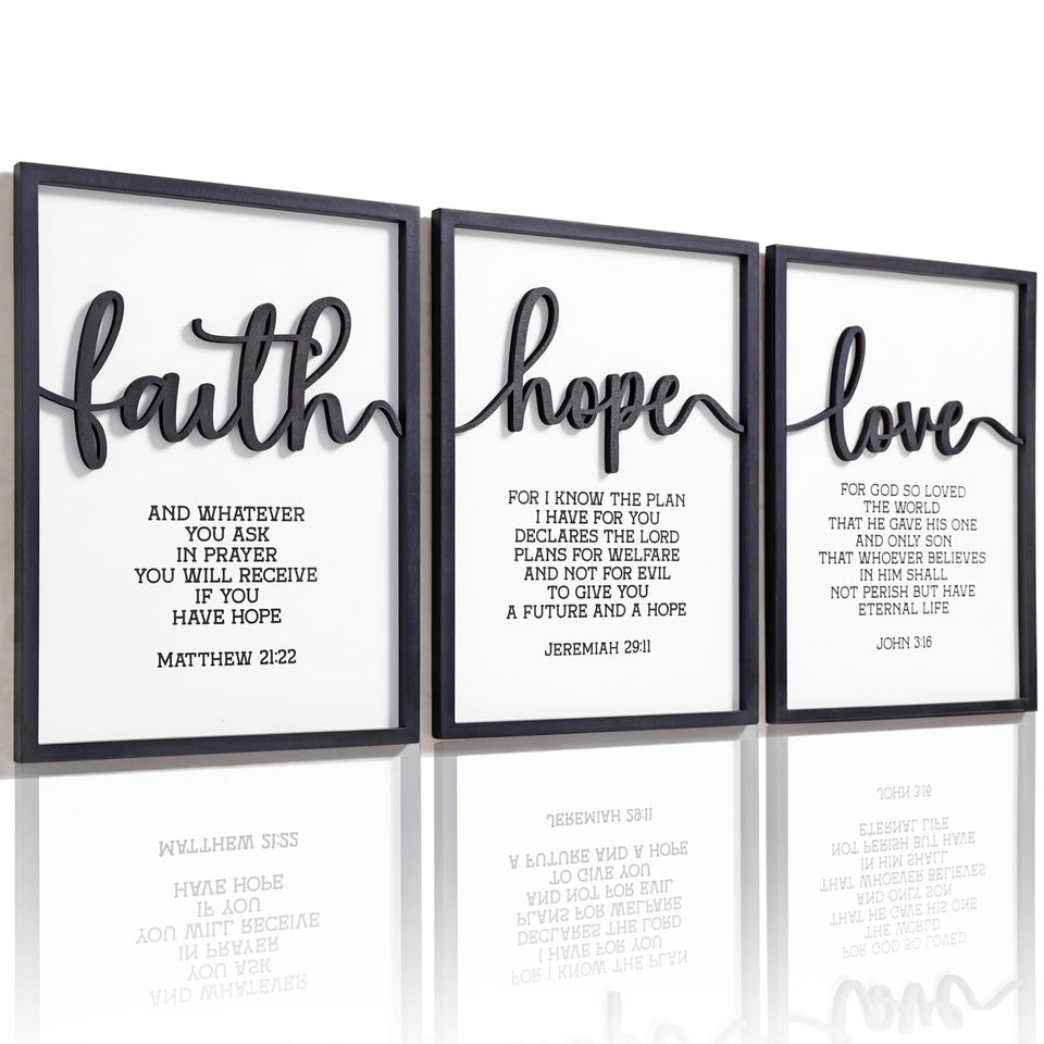KIOSSUT 3D wood Faith sign closeup highlighting textured carving for a warm focal point.