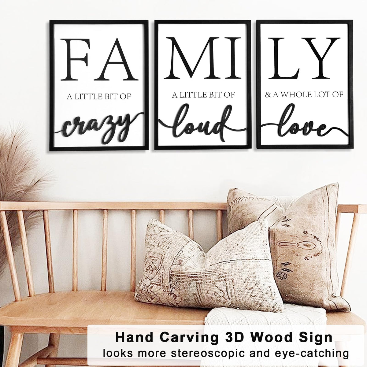 KIOSSUT 3D wood family wall decor close-up reveals carved detail and texture.