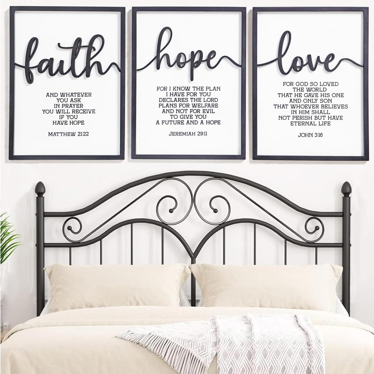 KIOSSUT 3D wood signs set of 3 framed over bed creates serene vibe.