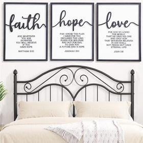 KIOSSUT 3D wood signs set of 3 framed over bed creates serene vibe.