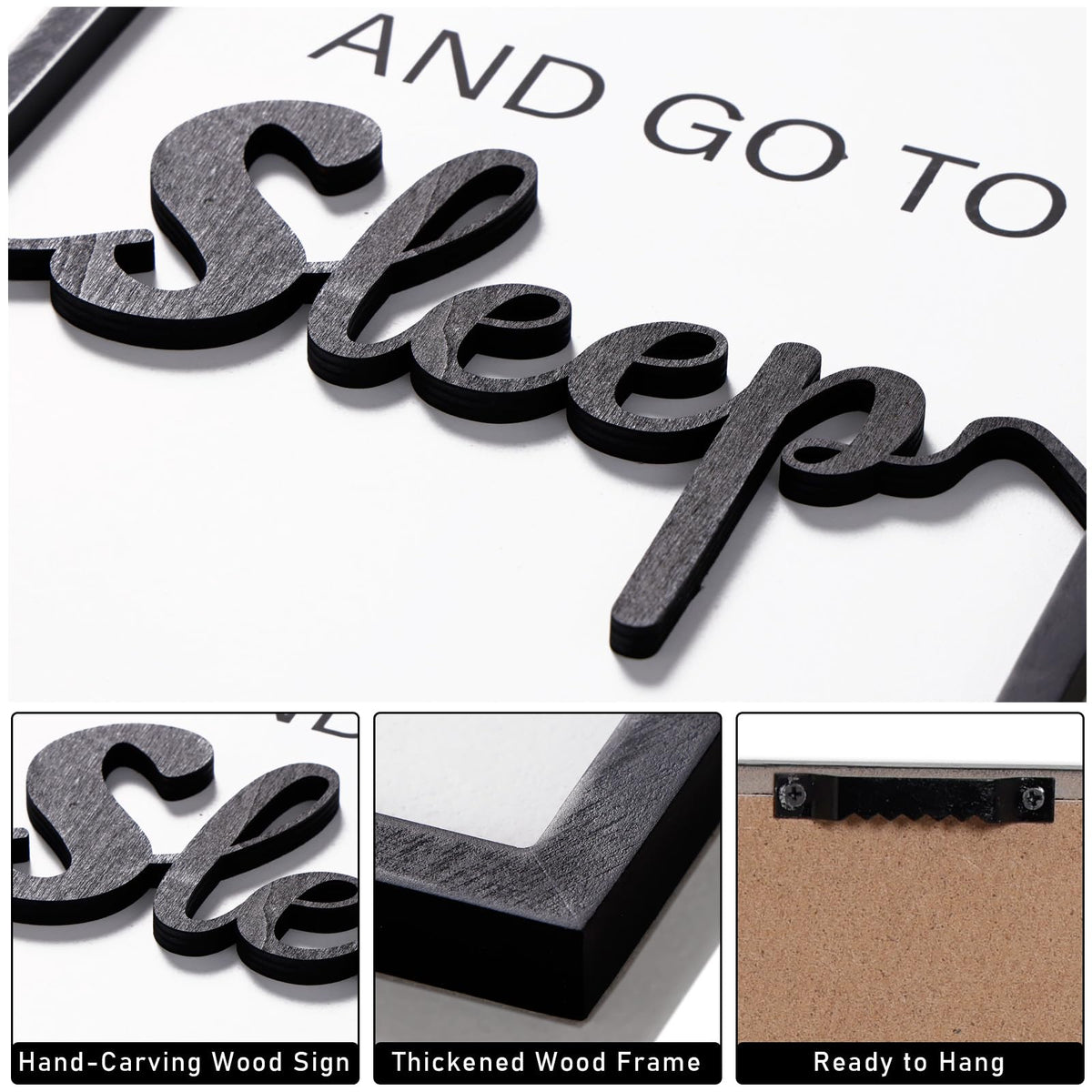 KIOSSUT 3D wood sign in black and white above bed enhances calm bedroom vibe.