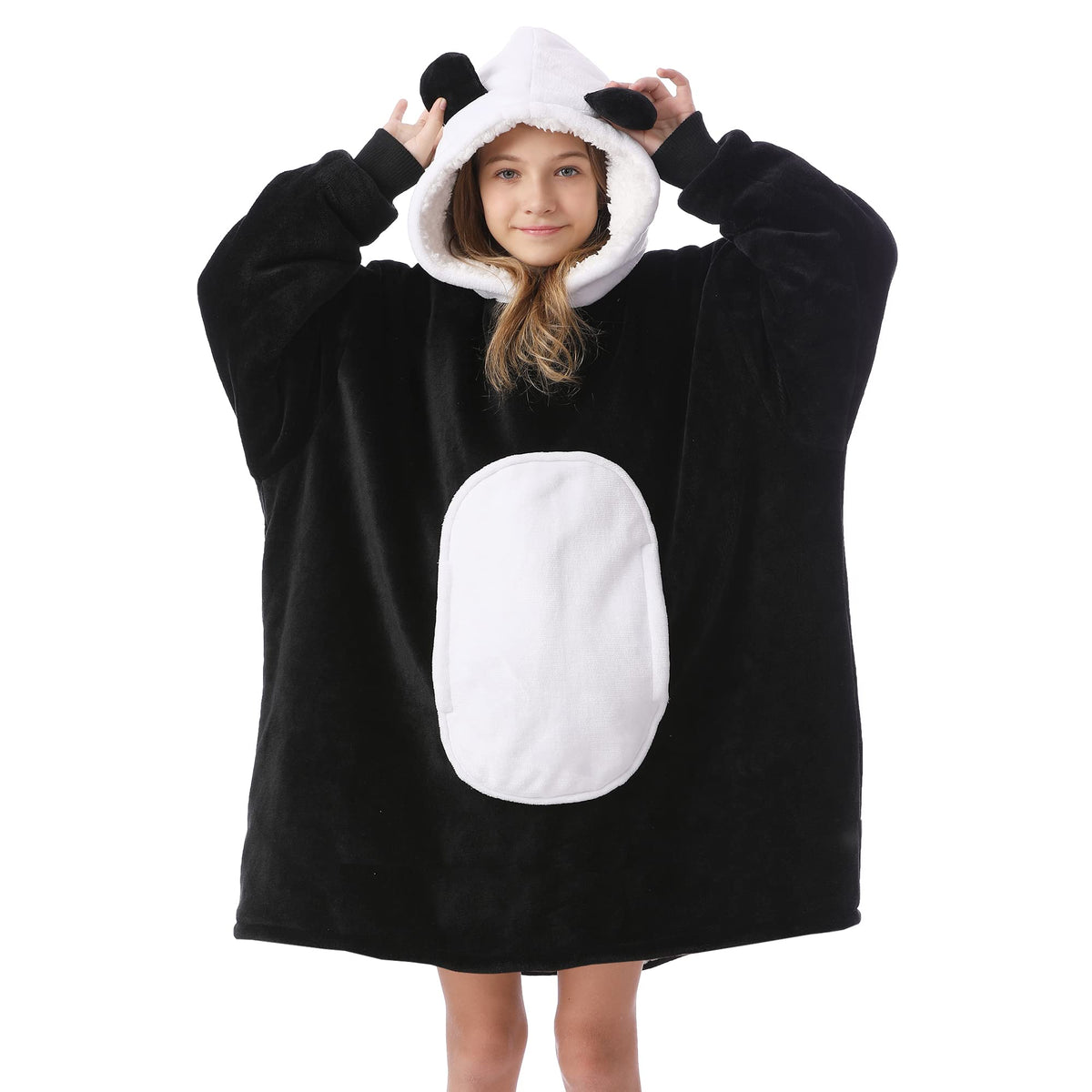 Kipswiza Panda Blanket Hoodie for kids, front view showing cozy warmth