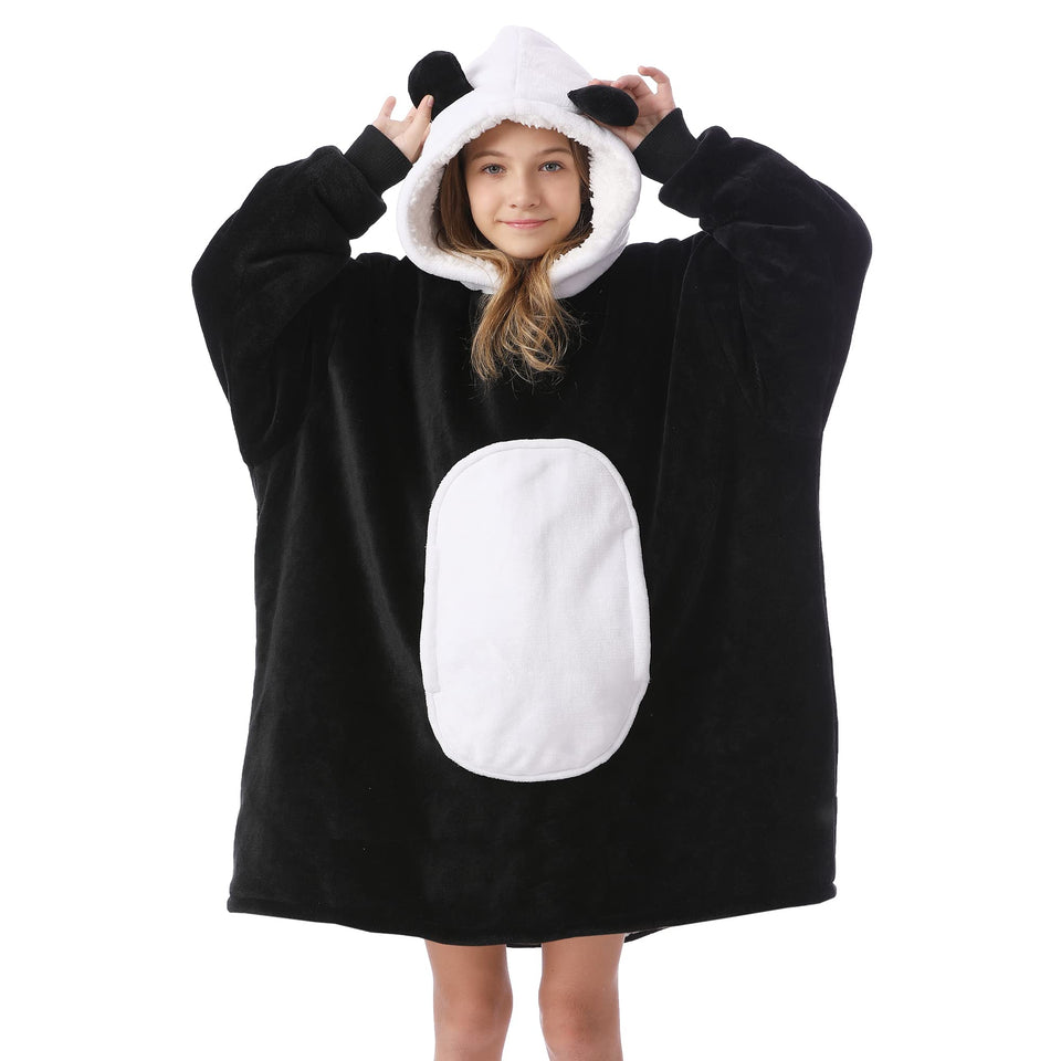 Kipswiza Panda Blanket Hoodie for kids, front view showing cozy warmth