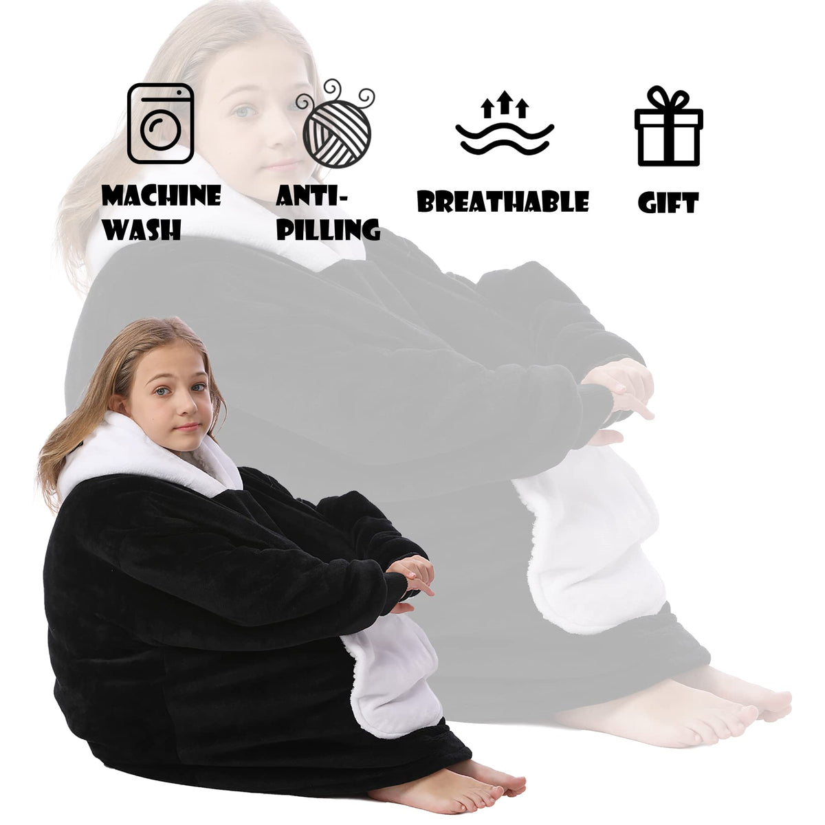 Kipswiza Panda Blanket Hoodie worn as a wearable blanket for lounging
