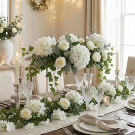 KISLOHUM ivory hydrangea arrangement creates warm ambiance in living spaces.