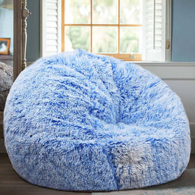 Kisoy blue fluffy faux fur bean bag cover, front view, cozy storage.
