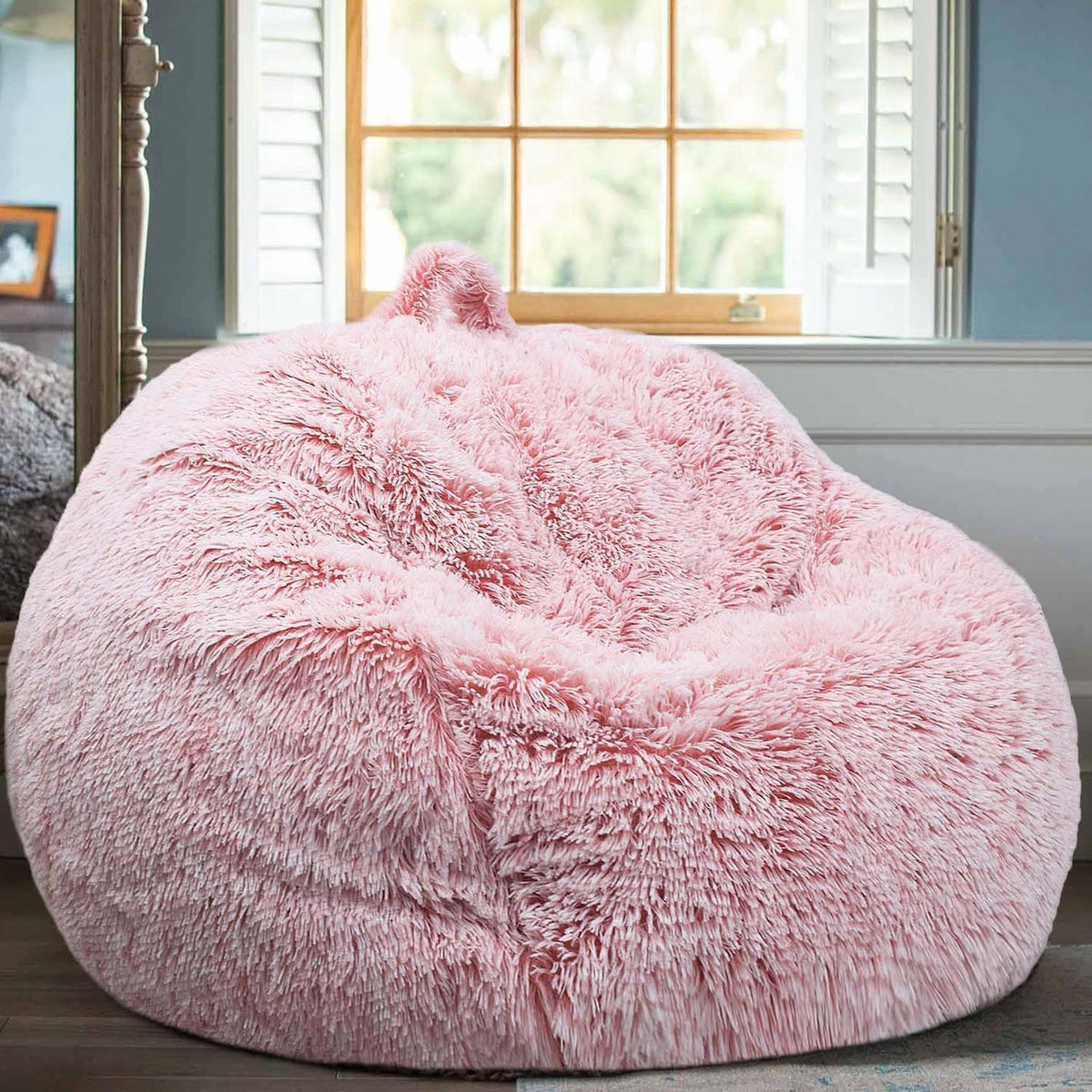 Kisoy dusty pink fluffy bean bag cover for cozy toy storage and seating