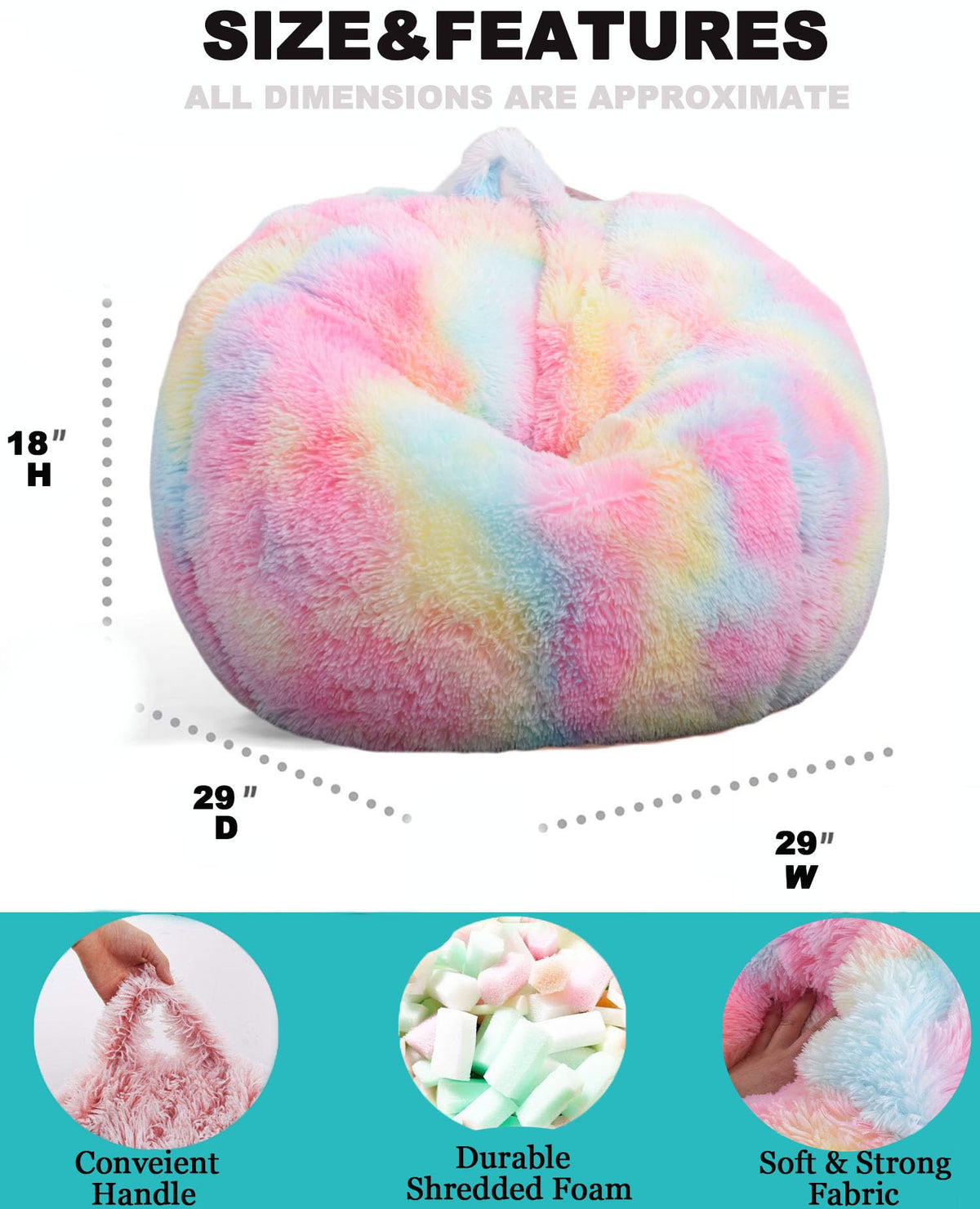 Kisoy rainbow bean bag in plush fur, ideal for living rooms.