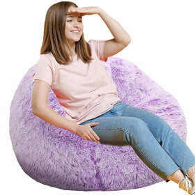 Kisoy fluffy bean bag chair in lavender fabric offers cozy seating in any room.