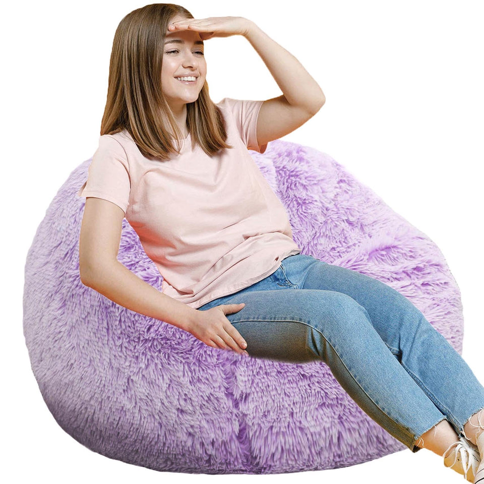 Kisoy fluffy bean bag chair in lavender fabric offers cozy seating in any room.