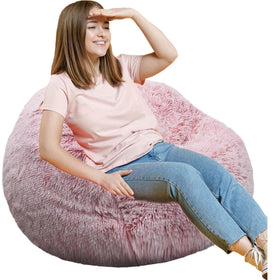 Kisoy Fluffy Bean Bag Chair in pink faux fur provides cozy seating for kids.