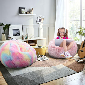 Kisoy pink faux fur bean bag with built-in handle for easy room-to-room transport.