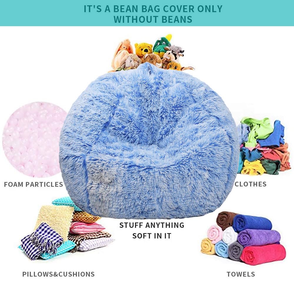 Kisoy fluffy bean bag cover shows plush toy storage inside.