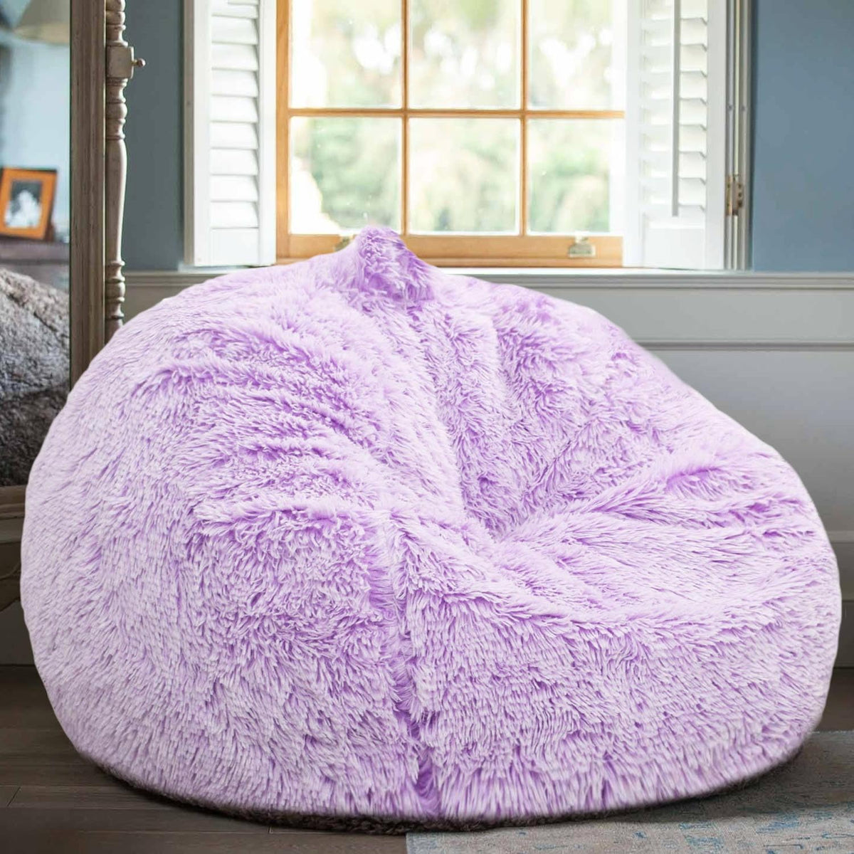 Kisoy fluffy storage cover in lavender tidies plush toys and adds a comfy seating option.