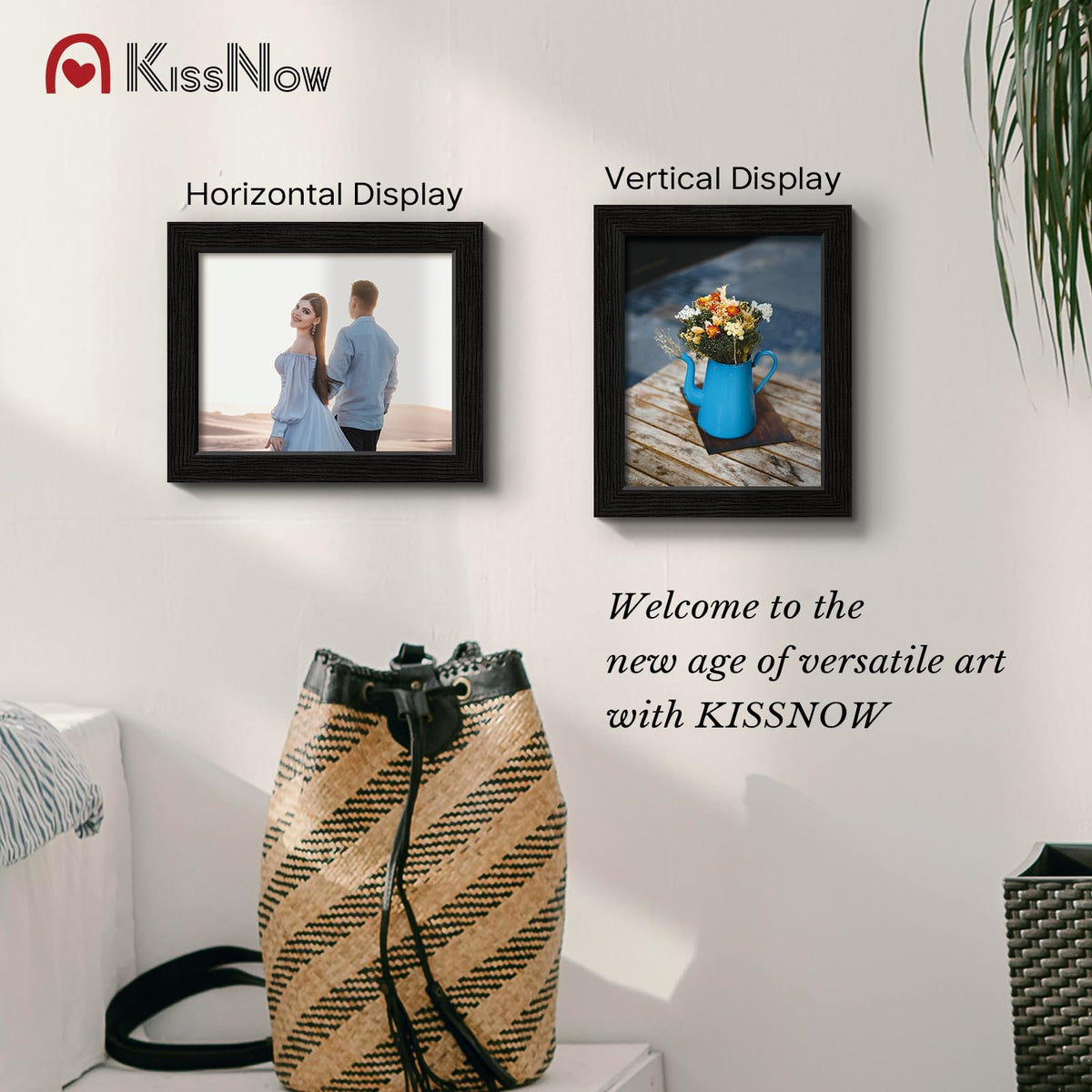 KissNow natural wood grain texture on a black frame enhances decor.