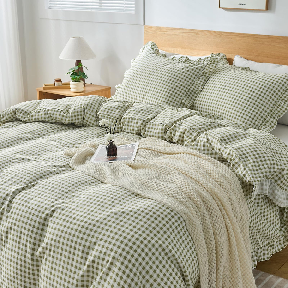 Kisswish bedding on a bed scene illustrating farmhouse chic vibe and relaxed styling.