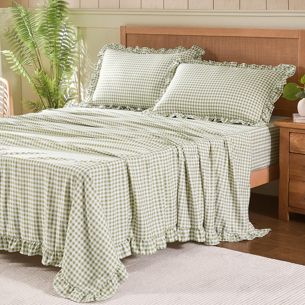 kisswish gingham ruffle detail on full sheet set adds vintage charm and soft texture.