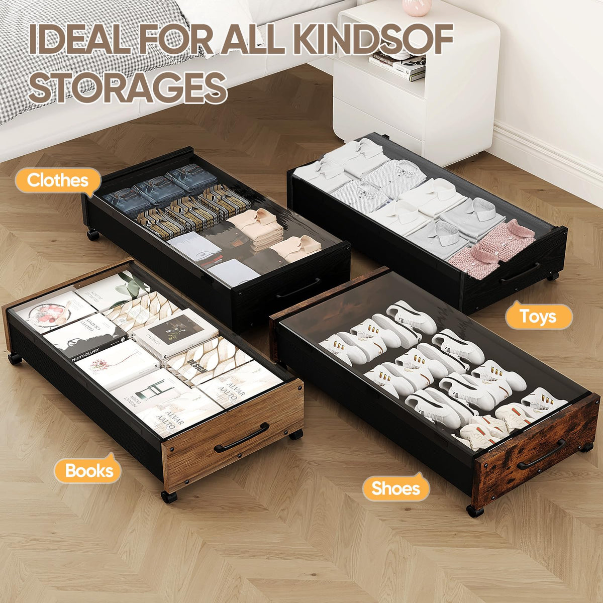 KITHELP storage solution fits under bed in bedroom or living room.