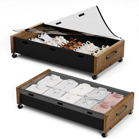 KITHELP under-bed storage with wheels and closed lid for organized clothing.