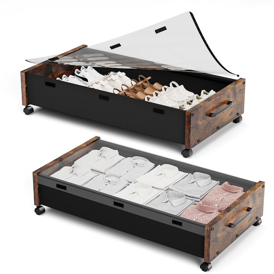 KITHELP underbed storage with wheels keeps clothes neatly accessible.