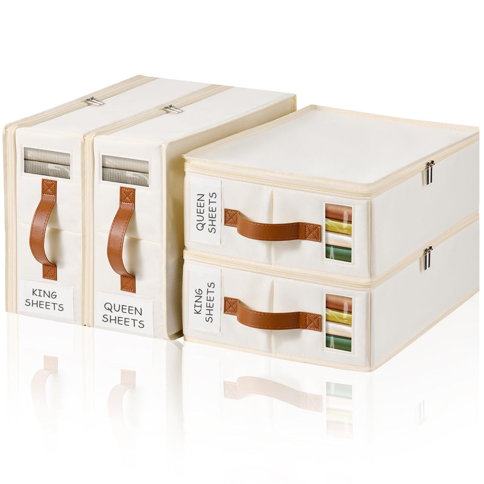 KitHero bed sheet organizer 4-pack with sealed design keeps items dust-free.