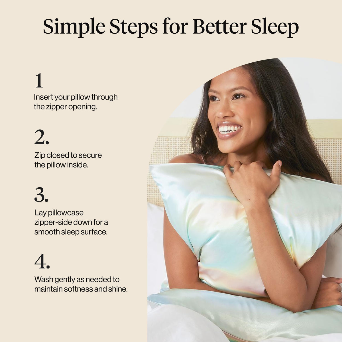 Kitsch Aura satin pillowcase features durable zipper for secure pillow fit.