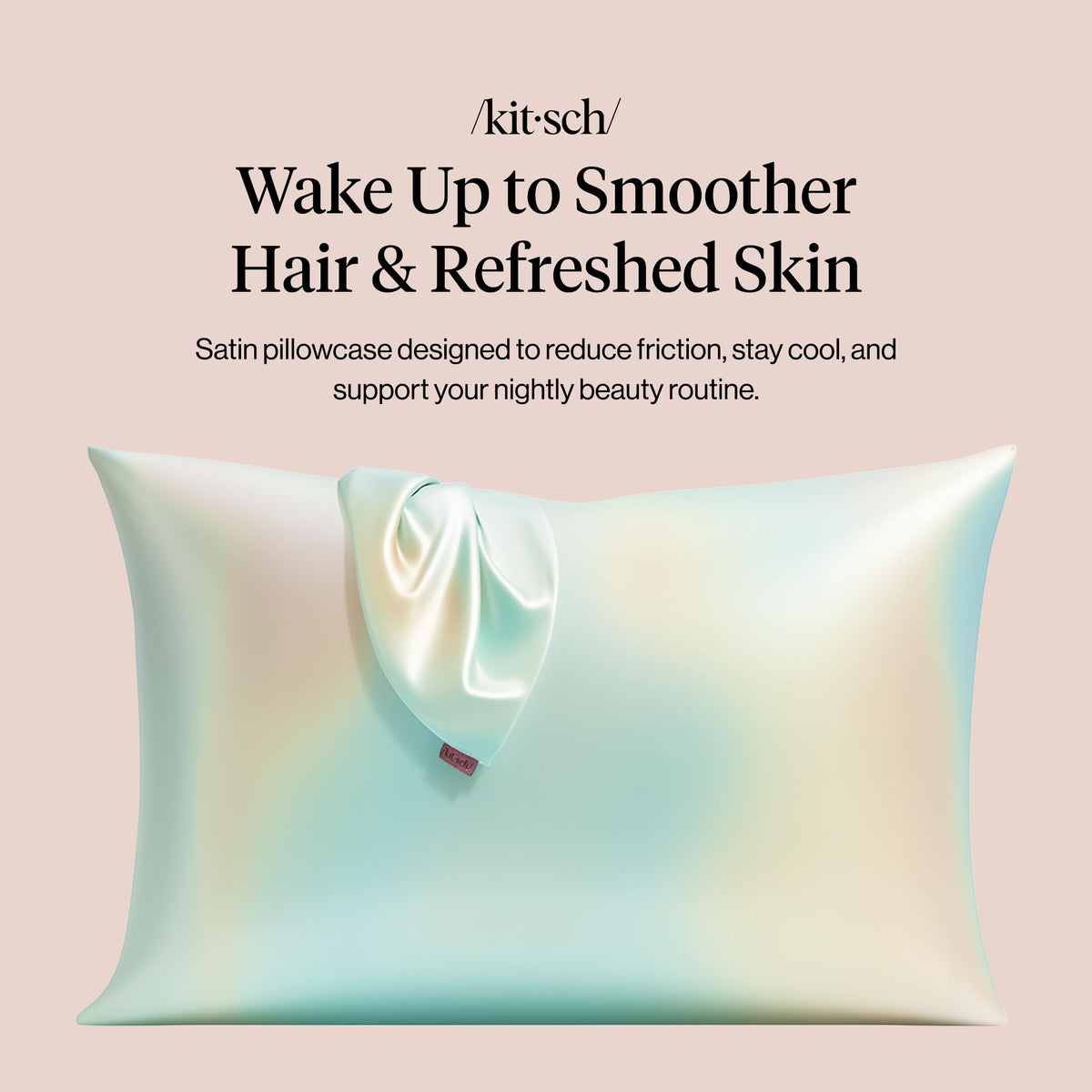 Kitsch Aura satin pillowcase on bed illustrating sleek, wrinkle-free look.
