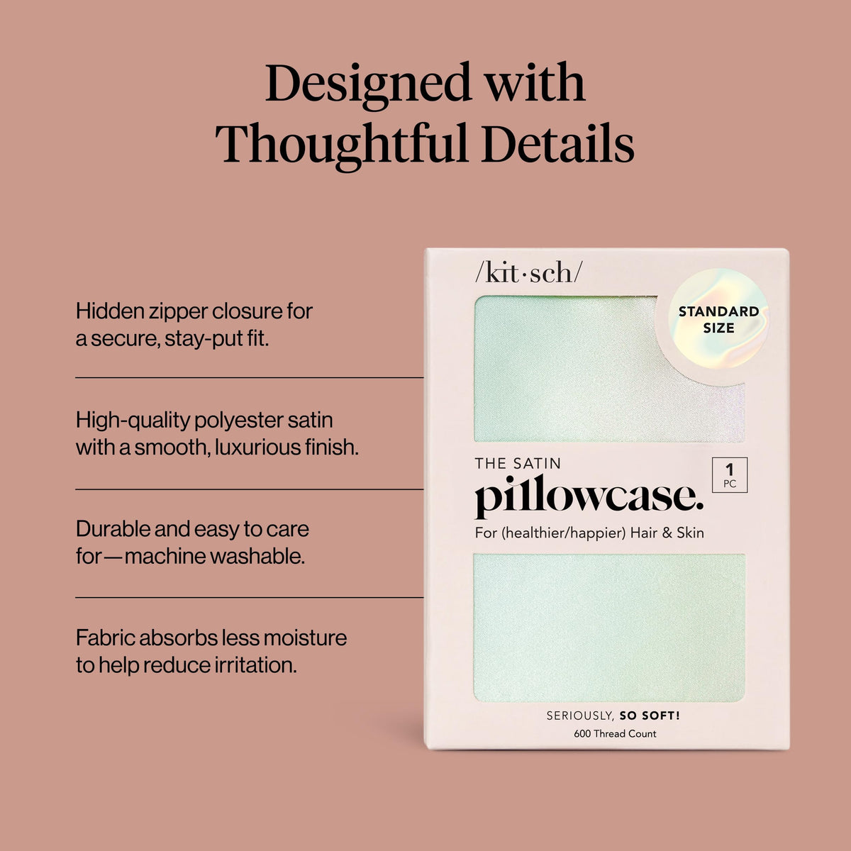 Kitsch Aura satin pillowcase closeup highlights silky finish and reduced friction for hair.