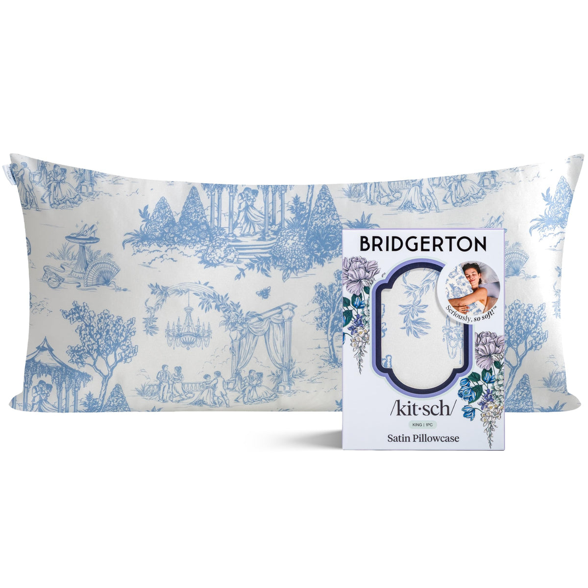 Kitsch Bridgerton satin pillowcase garden toile front showcases luxurious sheen for smoother hair and glowing skin.