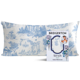 Kitsch Bridgerton satin pillowcase garden toile front showcases luxurious sheen for smoother hair and glowing skin.