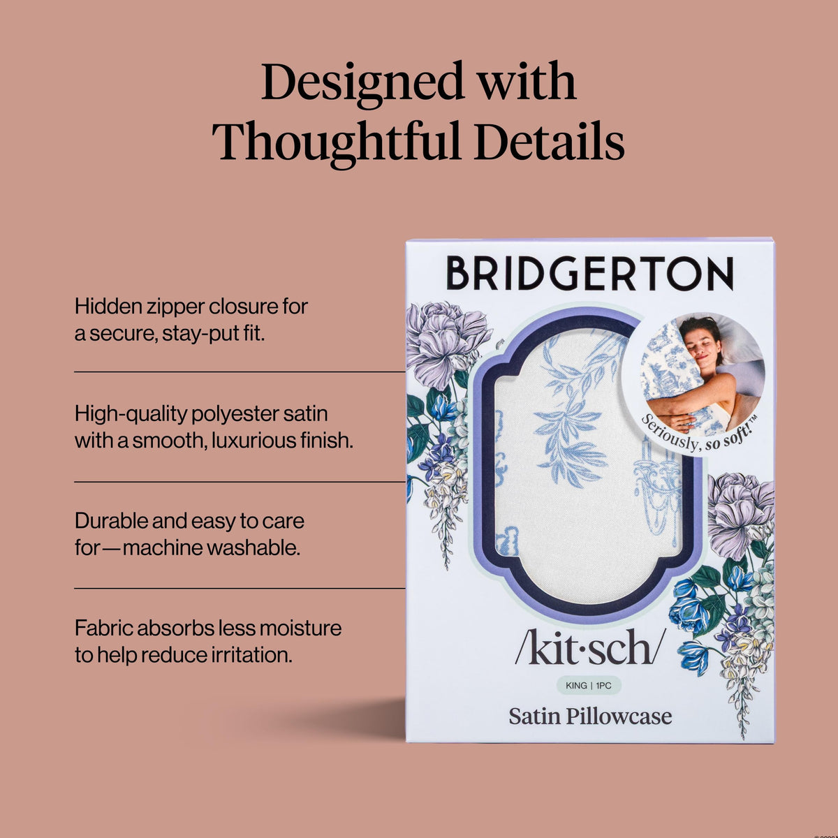 Kitsch Bridgerton satin pillowcase king-size on bed provides full coverage and a premium look.