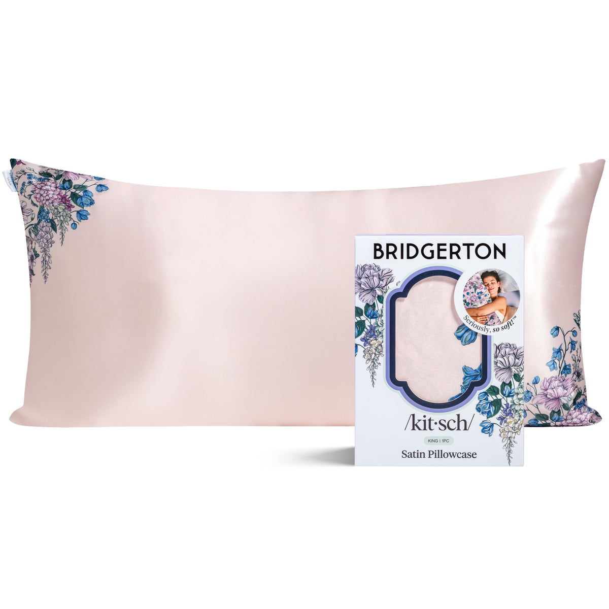 Kitsch Bridgerton satin pillowcase in Wisteria packshot showing luxurious texture and frizz-reducing appeal.