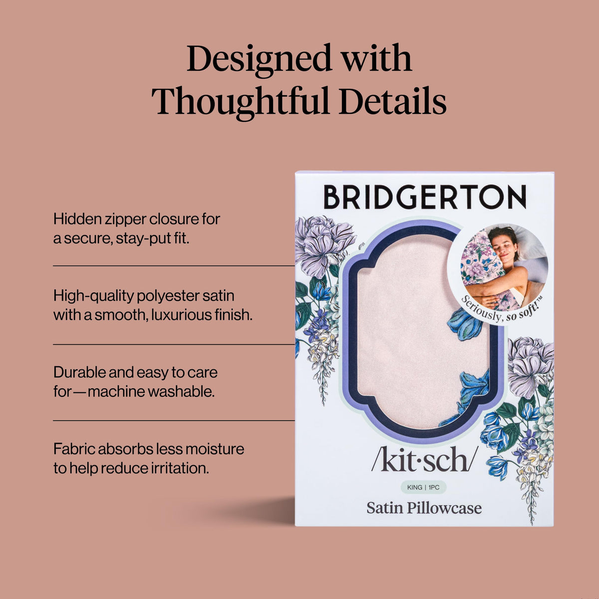 Kitsch Bridgerton satin pillowcase zipper detail demonstrating secure fit.