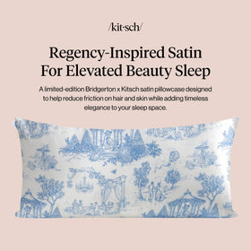 Kitsch Bridgerton satin pillowcase zipper detail demonstrates secure fit for overnight stability.