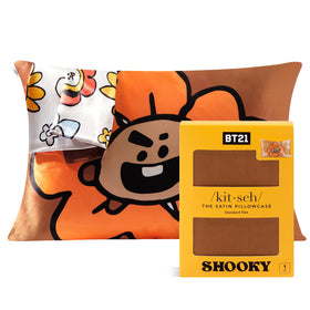 Kitsch x BT21 Shooky satin pillowcase closeup showing silky texture and gentle feel.