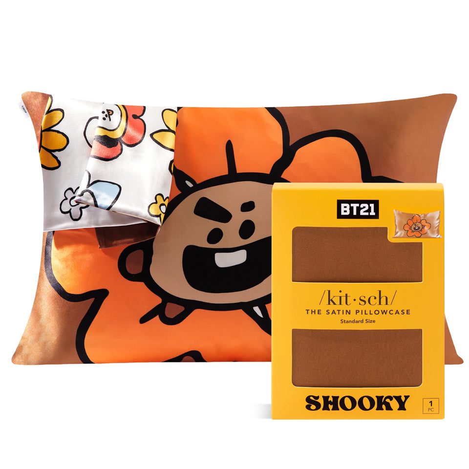 Kitsch x BT21 Shooky satin pillowcase closeup showing silky texture and gentle feel.
