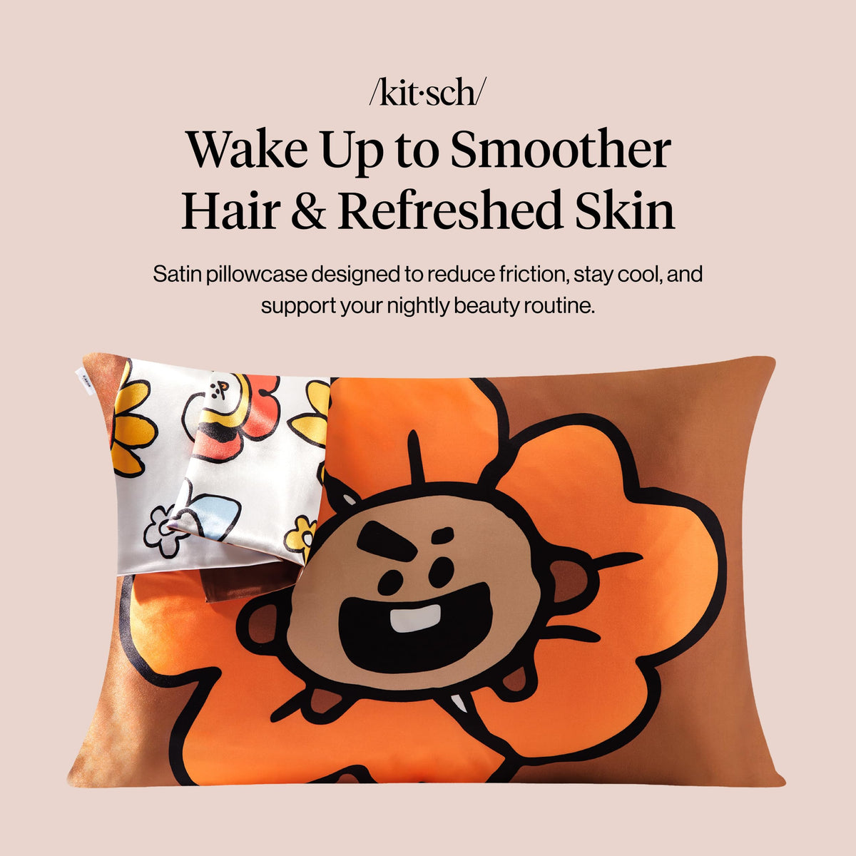 Kitsch x BT21 Shooky graphic on satin pillowcase adds playful bedtime appeal.