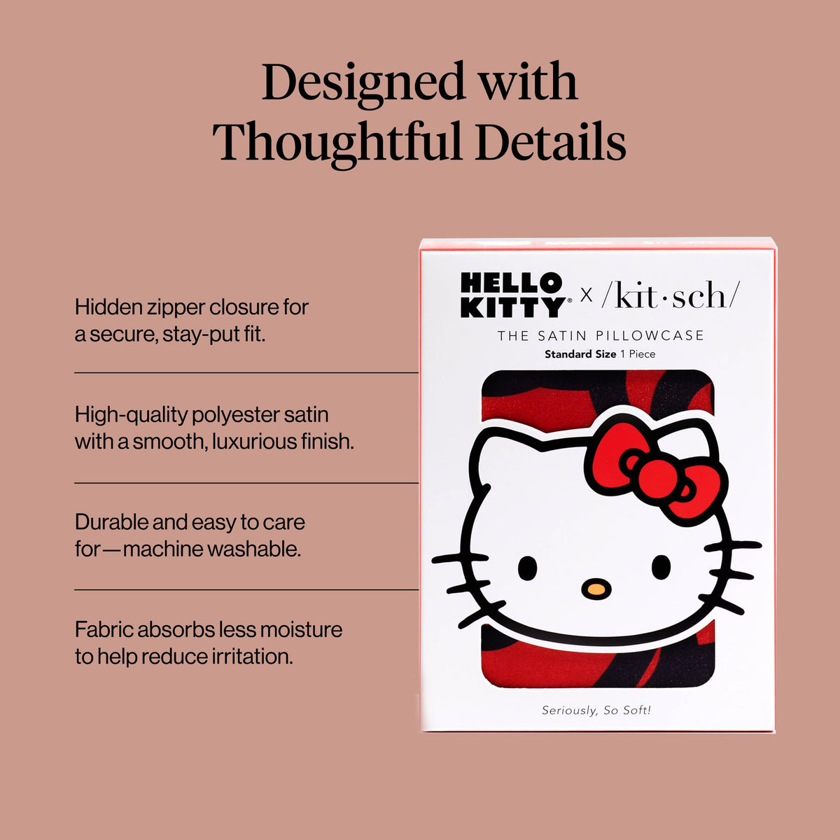 Kitsch Hello Kitty cooling satin fabric keeps little ones comfortable.