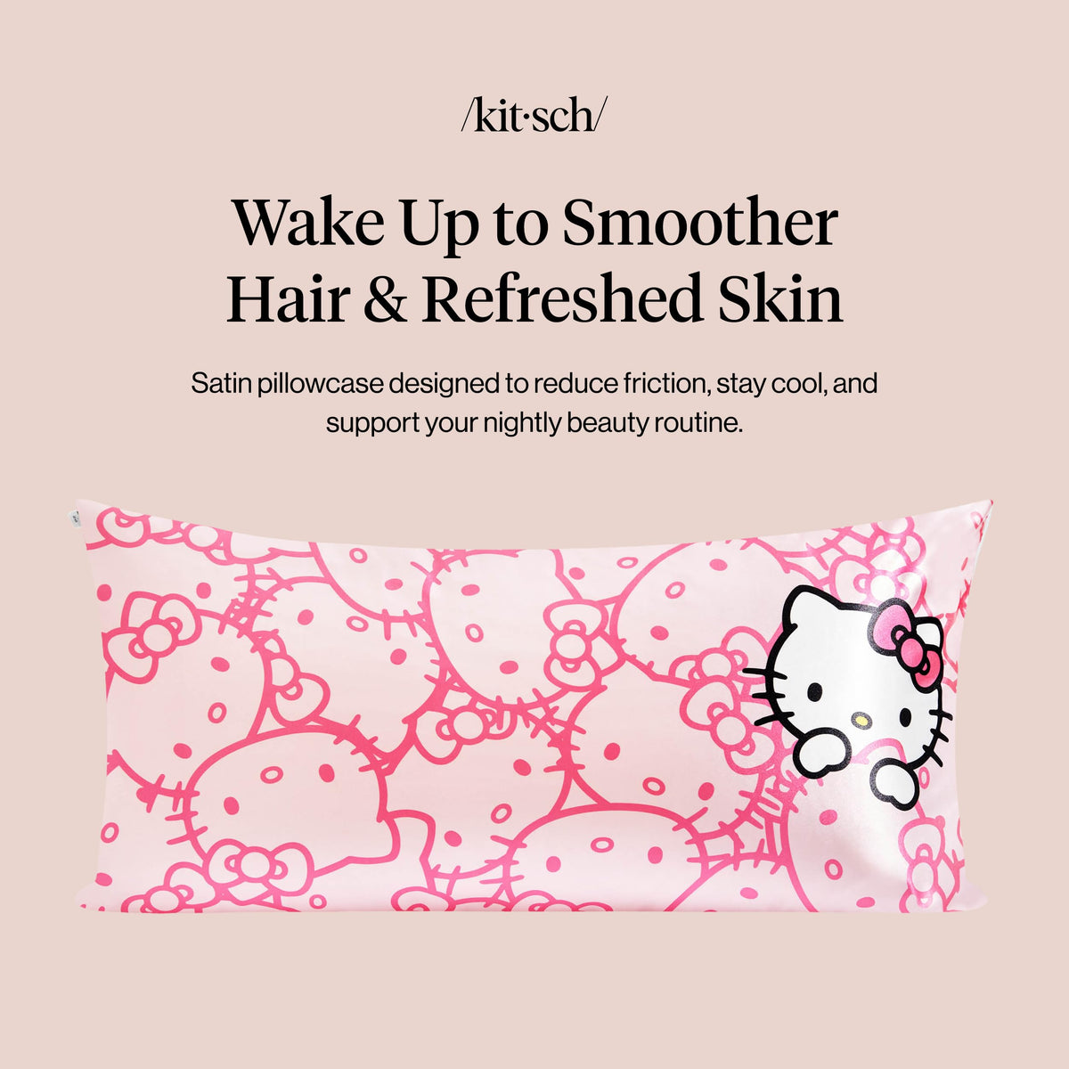Kitsch Hello Kitty satin pillowcase with hidden zipper secures toddler pillow use.