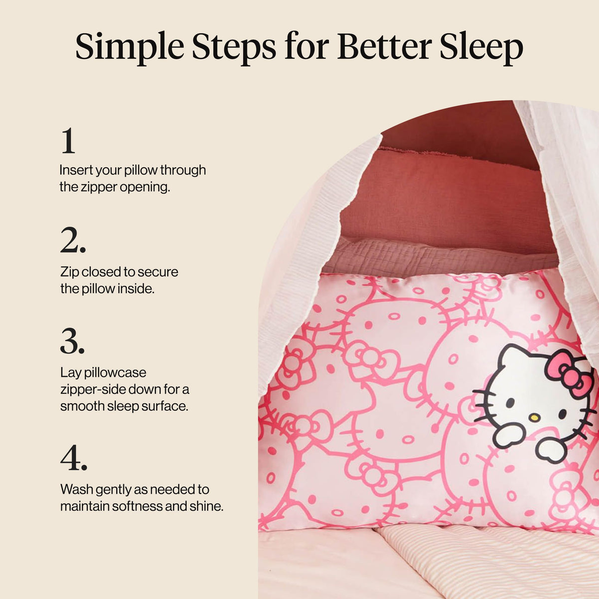 Kitsch Hello Kitty satin pillowcase suits nurseries, toddlers, and travel moments.