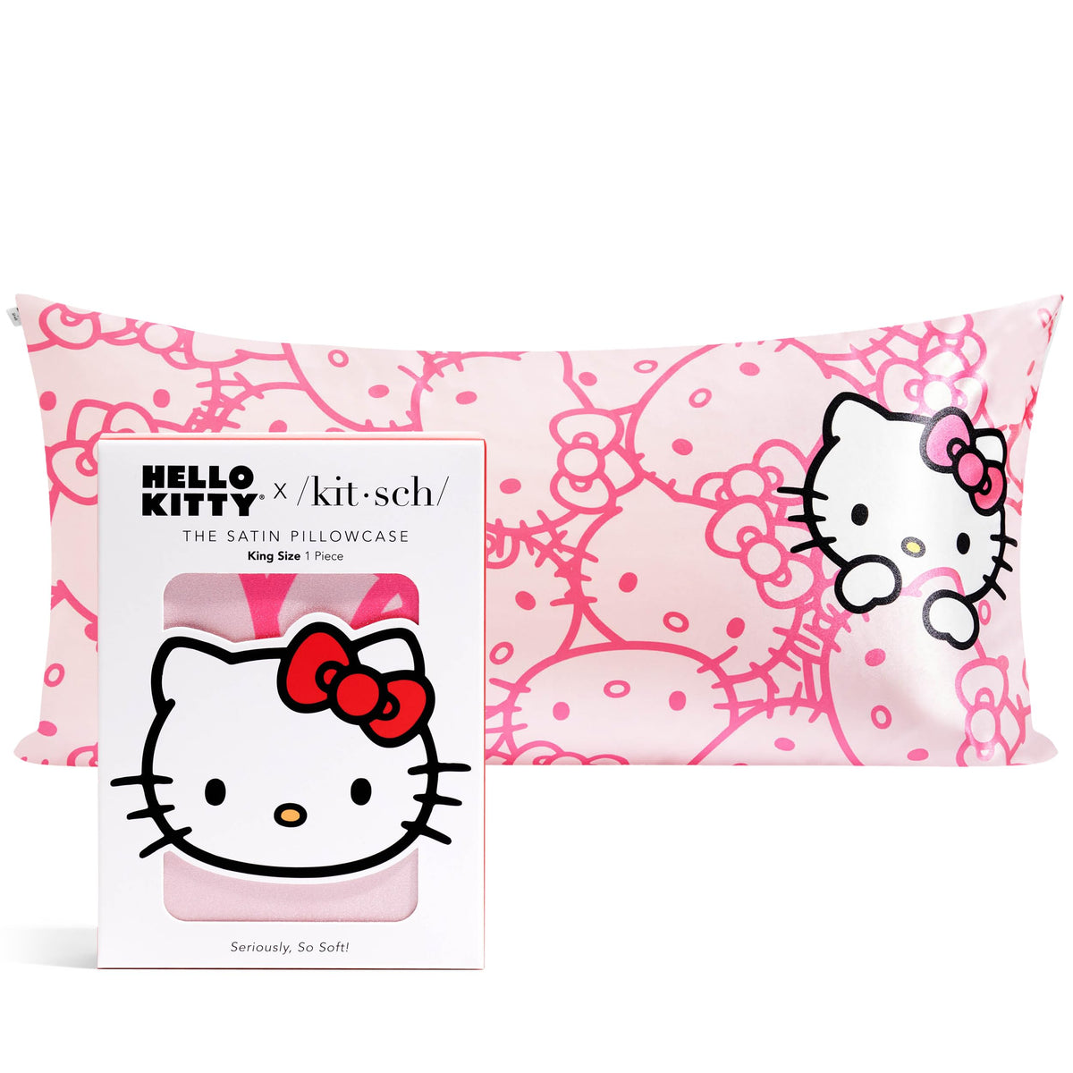 Kitsch Hello Kitty satin pillowcase with pink faces for soft skin and smooth hair.