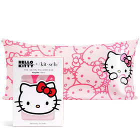 Kitsch Hello Kitty satin pillowcase with pink faces for soft skin and smooth hair.