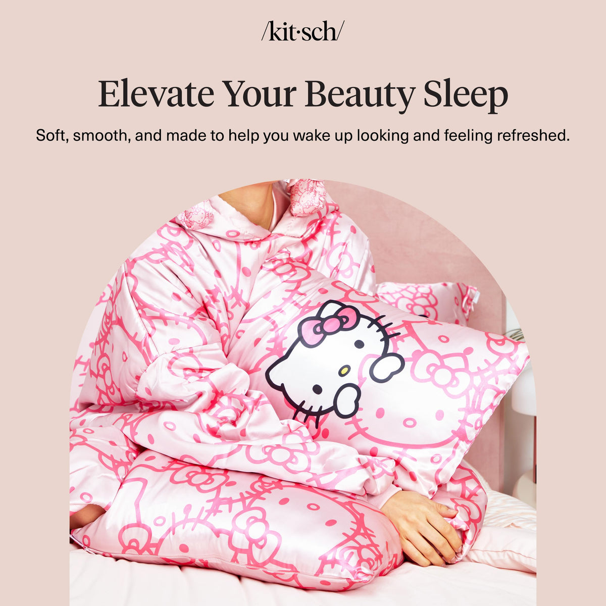 Kitsch Hello Kitty satin pillowcase complements pink kid rooms and vanity spaces.