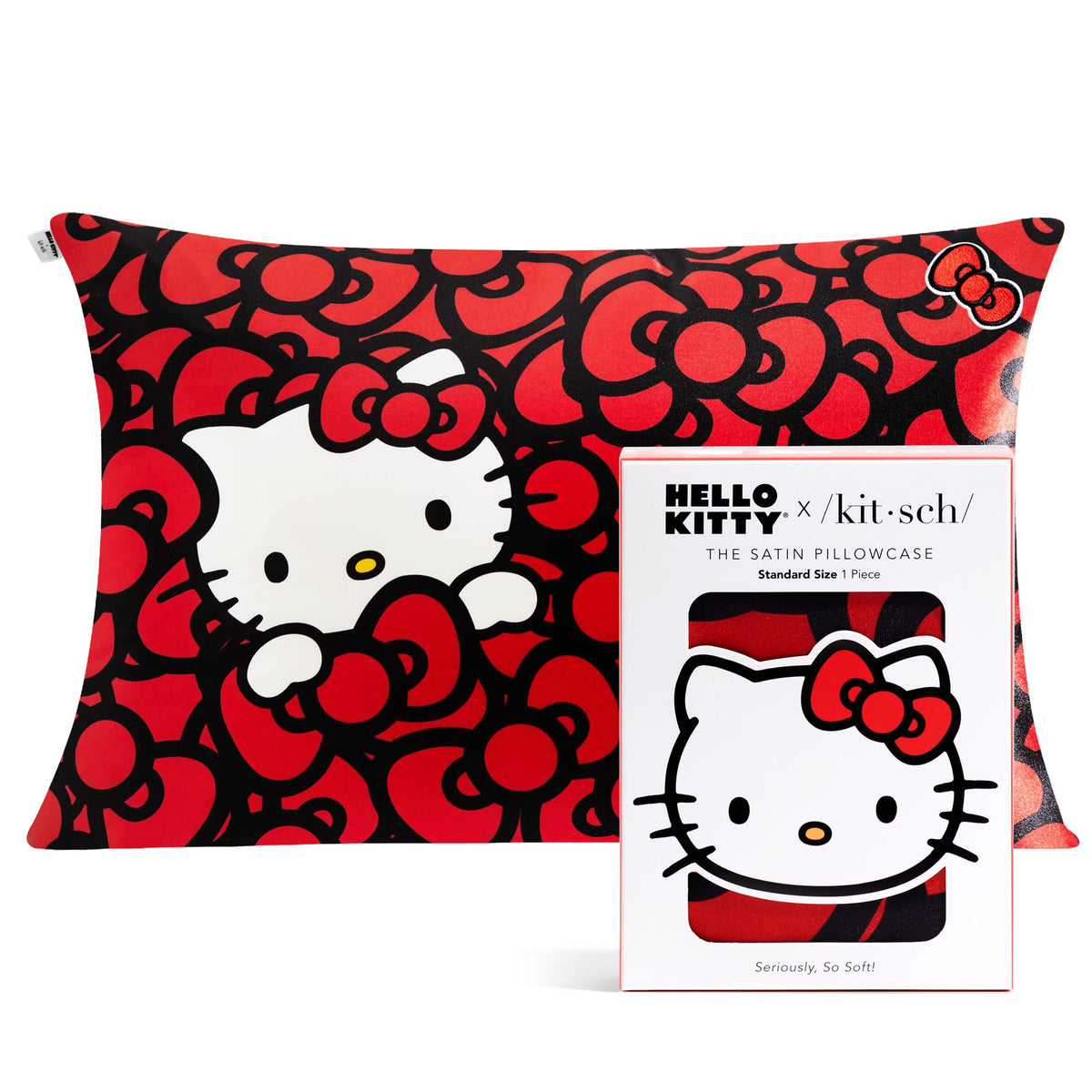 Kitsch Hello Kitty satin pillowcase Sea of Bows design, gentle on skin.