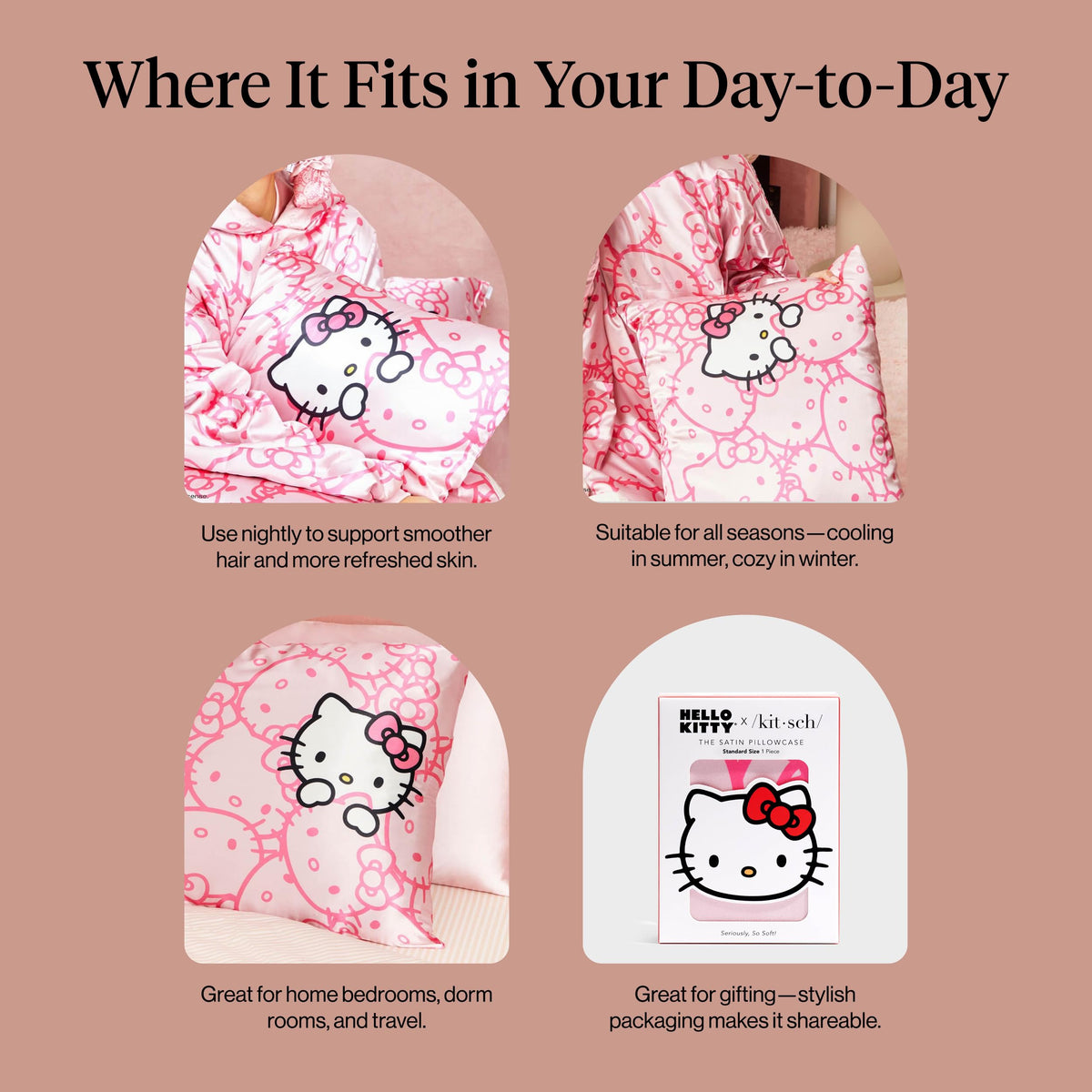 Kitsch Hello Kitty satin pillowcase helps keep pillows in place during sleep.