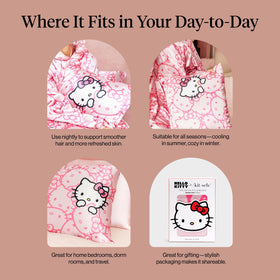 Kitsch Hello Kitty satin pillowcase helps keep pillows in place during sleep.